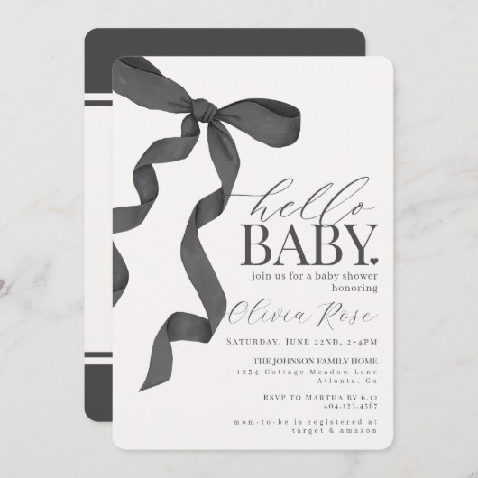 Black Coquette Bow fille Baby shower Invitation (Devant / Derrière)