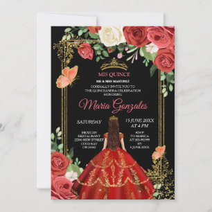 Black Coral Mexican Flowers Quinceañera Invite Kaart
