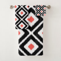 Black, Coral, White Ikat Diamond Pattern