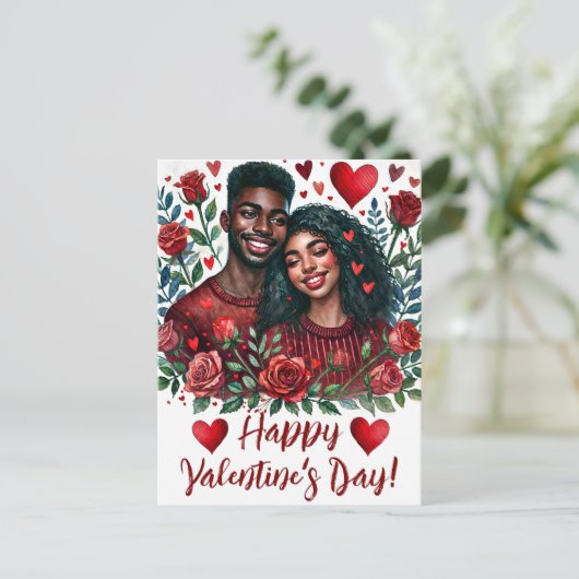 Black Couple Happy Valentine's Day Art Briefkaart (Staand voorkant)