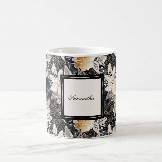 Black Cream Leopard Animal Floral Koffiemok (Center)