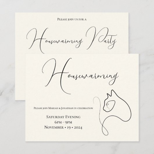 Black & Cream Minimalist Cat Lover Housewarming Kaart (Voorkant / Achterkant)