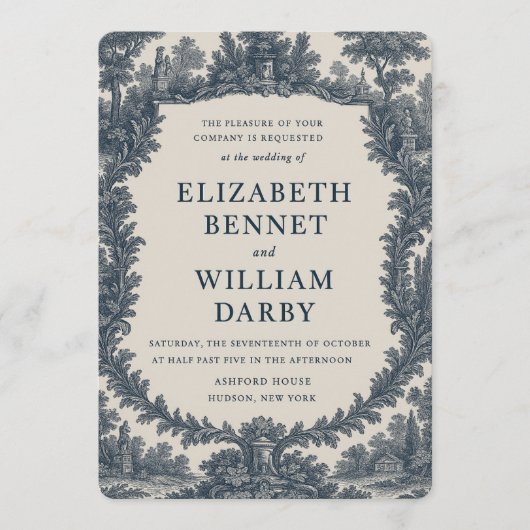 Black & Cream Toile Wedding Invitation – Old World Kaart (Voorkant)