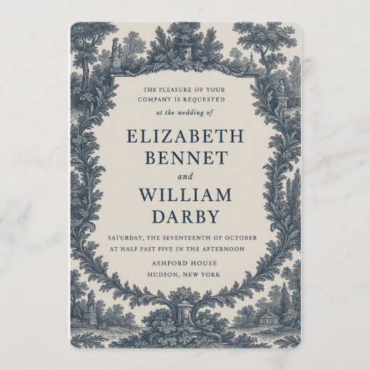 Black & Cream Toile Wedding Invitation – Old World Kaart (Voorkant)