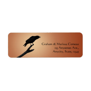 Black Crow Raven Bird Silhouette Oranje Background Etiket