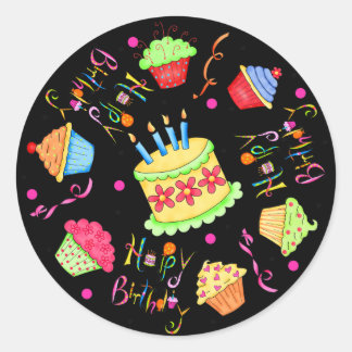 Black Cupcakes en Cake Happy Birthday Ronde Sticker