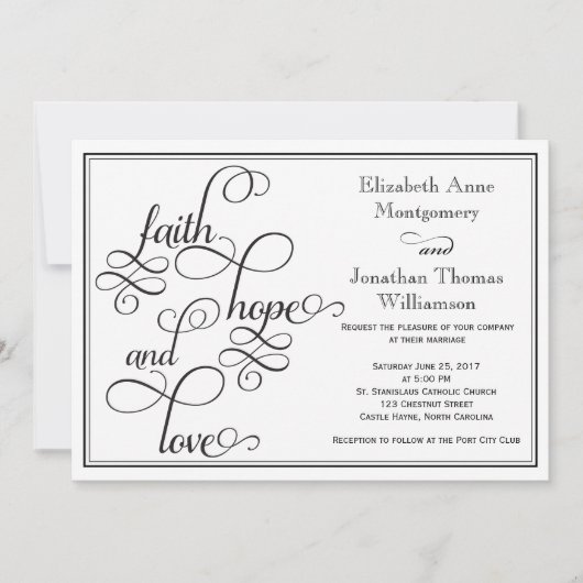 Black Curly Script Faith Hope & Love Wedding Kaart (Voorkant)