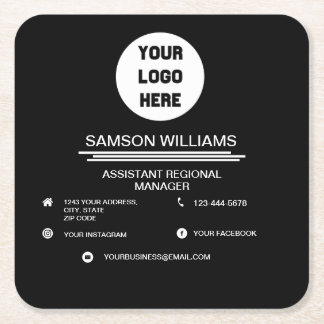 Black Custom Logo minimalist Social Media Icons Vierkante Kartonnen Onderzetter