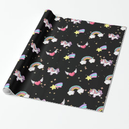 Black Cute Rainbow Unicorn Star Magical Cadeaupapier