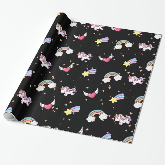 Black Cute Rainbow Unicorn Star Magical Cadeaupapier (Uitgerold)