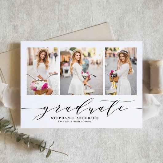 Black Dainty Script Drie Foto Afstuderen Kaart