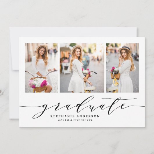 Black Dainty Script Drie Foto Afstuderen Kaart (Voorkant)