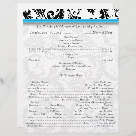 Black Damak Swirls Bright Aqua Wedding Program (Voorkant / Achterkant)