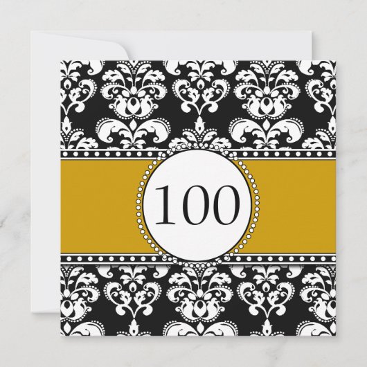 Black Damask 100th Birthday Invitations Gold Kaart (Voorkant)