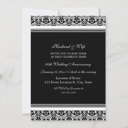Black Damask 20e anniversaire de fête Invitation (Dos)