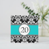 Black Damask 20th Birthday Invitations Aqua Blue Kaart (Staand voorkant)