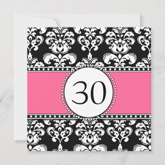 Black Damask 30th Birthday Invitations Pink Kaart (Voorkant)