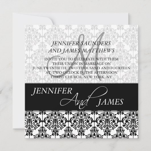 Black Damask 5 Monogram Naam Wedding Invitaties Kaart (Voorkant)