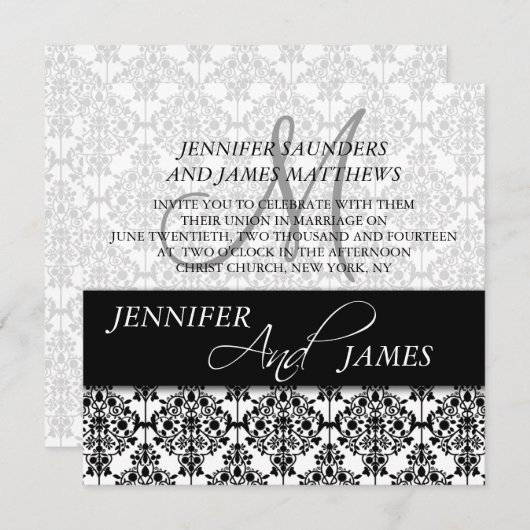 Black Damask 5 Monogramme Nom Mariage Invitations (Devant / Derrière)