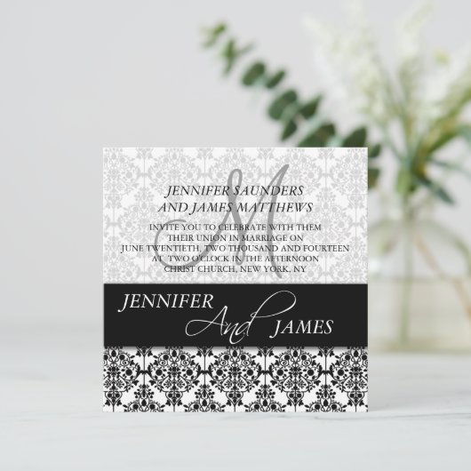 Black Damask 5 Monogramme Nom Mariage Invitations (Debout devant)