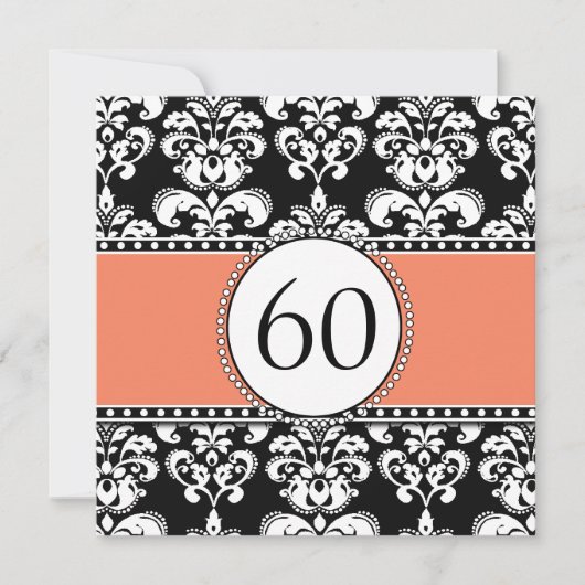 Black Damask 60th Birthday Invitation | Sinaasappe Kaart (Voorkant)