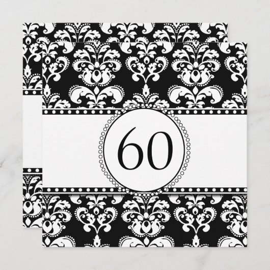 Black Damask 60th Birthday Invitation | wit Kaart (Voorkant / Achterkant)