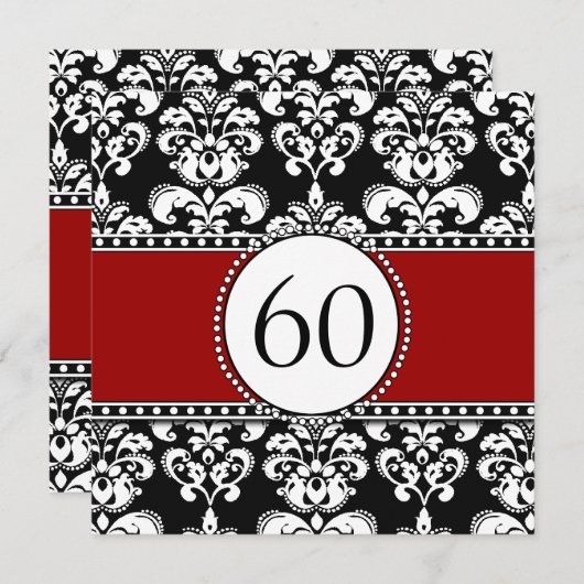 Black Damask 60th Birthday Invitations Red (Devant / Derrière)