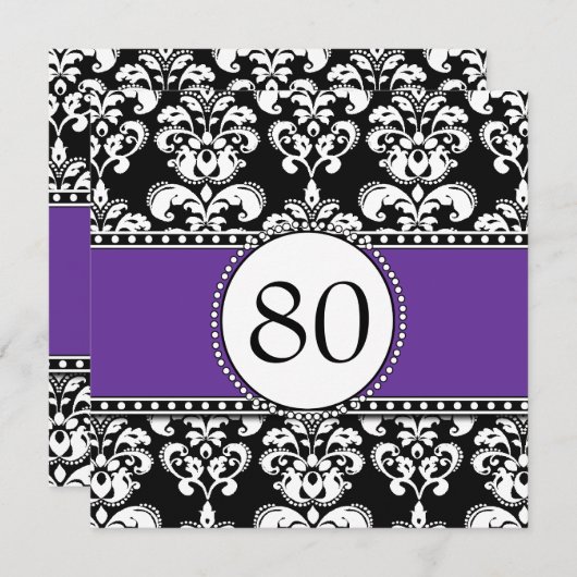 Black Damask 80e anniversaire Invitations violette (Devant / Derrière)