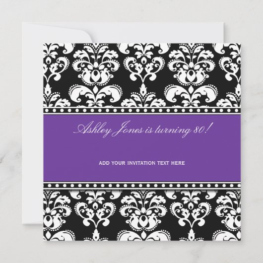 Black Damask 80e anniversaire Invitations violette (Dos)