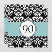 Black Damask 90th Birthday Invitations Blue (Devant / Derrière)