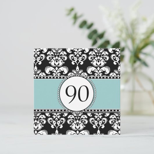 Black Damask 90th Birthday Invitations Blue (Debout devant)