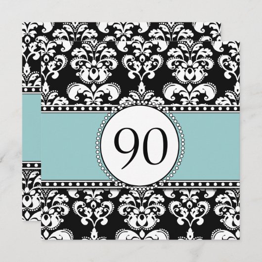 Black Damask 90th Birthday Invitations Blue (Devant / Derrière)
