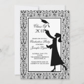 Black Damask Afstuderen Invitation Silhouette Afst Kaart (Voorkant)