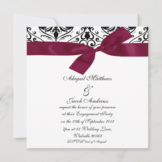 Black Damask and Burgundy Ribbon Verloving Invite Kaart (Voorkant)