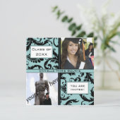 Black Damask Aqua Blue Afstuderen Invitation Kaart (Staand voorkant)
