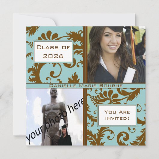 Black Damask Aqua Blue Afstuderen Invitation Kaart (Voorkant)