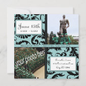 Black Damask Aqua Blue Afstuderen Invitation Kaart (Achterkant)