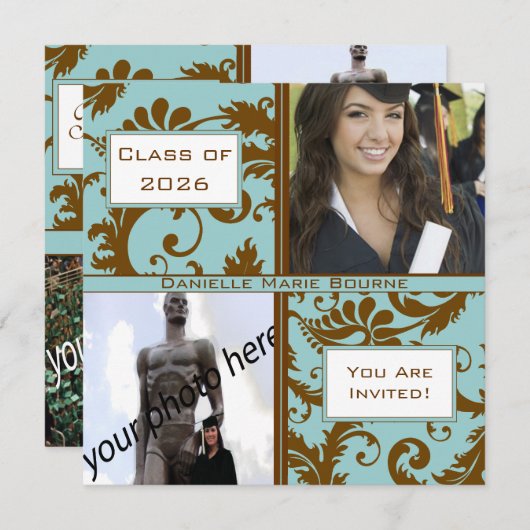 Black Damask Aqua Blue Graduation Invitation (Devant / Derrière)