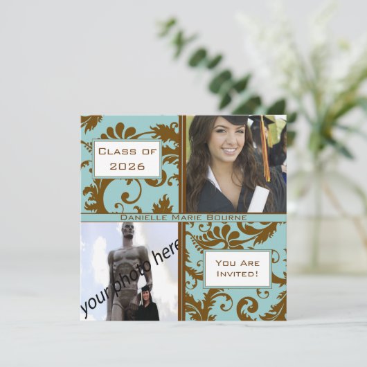 Black Damask Aqua Blue Graduation Invitation (Debout devant)