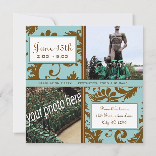 Black Damask Aqua Blue Graduation Invitation (Dos)