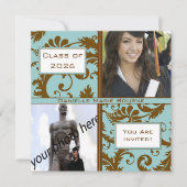 Black Damask Aqua Blue Graduation Invitation (Devant)