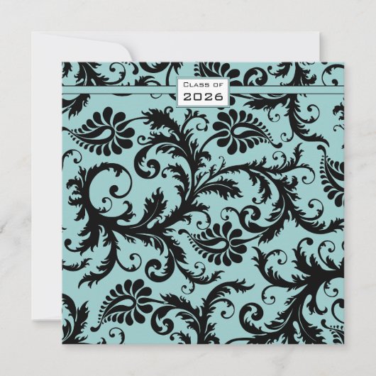 Black Damask Aqua Blue Graduation Invitation (Devant)