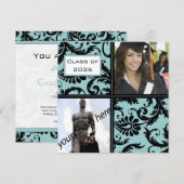 Black Damask Aqua Blue Graduation Invitation (Devant / Derrière)