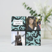 Black Damask Aqua Blue Graduation Invitation (Debout devant)
