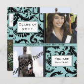 Black Damask Aqua Blue Graduation Invitation (Devant / Derrière)