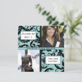 Black Damask Aqua Blue Graduation Invitation (Debout devant)