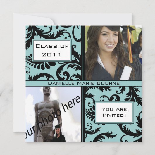 Black Damask Aqua Blue Graduation Invitation (Devant)