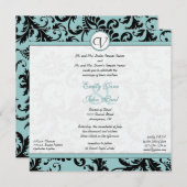 Black Damask Aqua Blue Wedding Invitation Kaart (Voorkant / Achterkant)