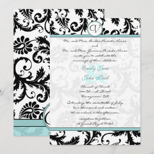 Black Damask Aqua Blue Wedding Invitation Kaart