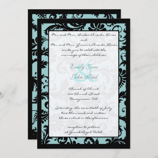 Black Damask Aqua Blue Wedding Invitation Kaart (Voorkant / Achterkant)